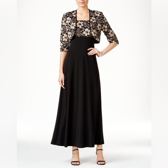 R & M Richards Two-Piece Maxi Dress and Shrug Size 10 Black and Gold - Picture 1 of 13